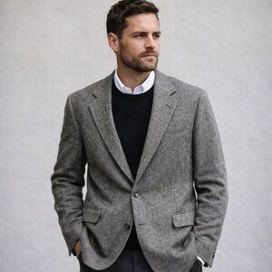 Vintage Wool Tweed Herringbone Blazer Men's 44R Gray Black Sport Coat